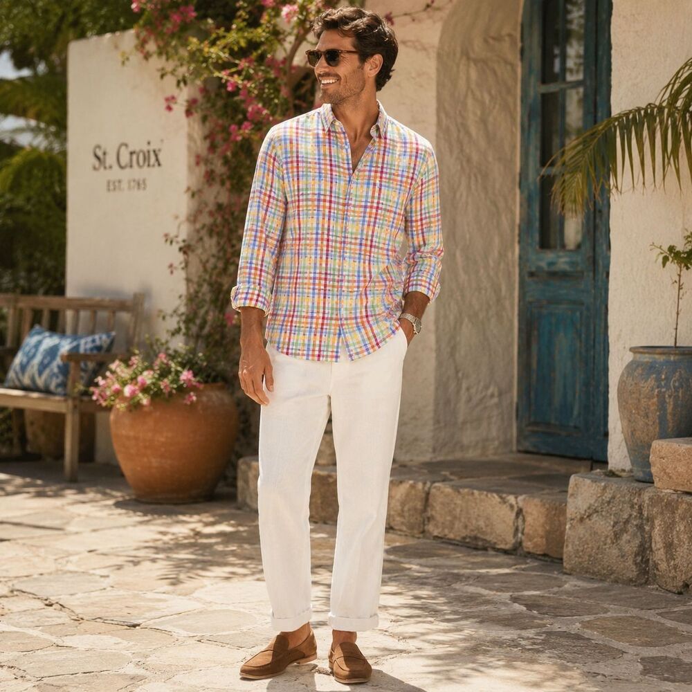 ST. CROIX Men’s‎ Dress Shirt XXL Multicolor Plaid Check Button Front ITALY Made